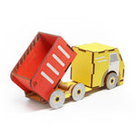 colored dump truck with tilted cab