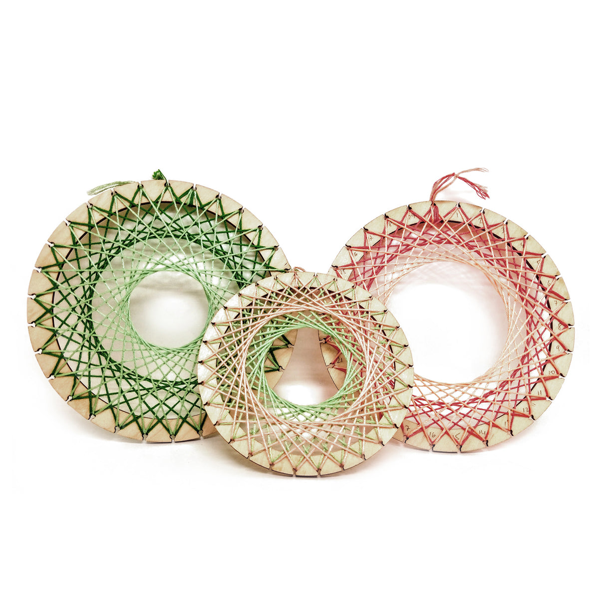 3 circular hoops with patterns