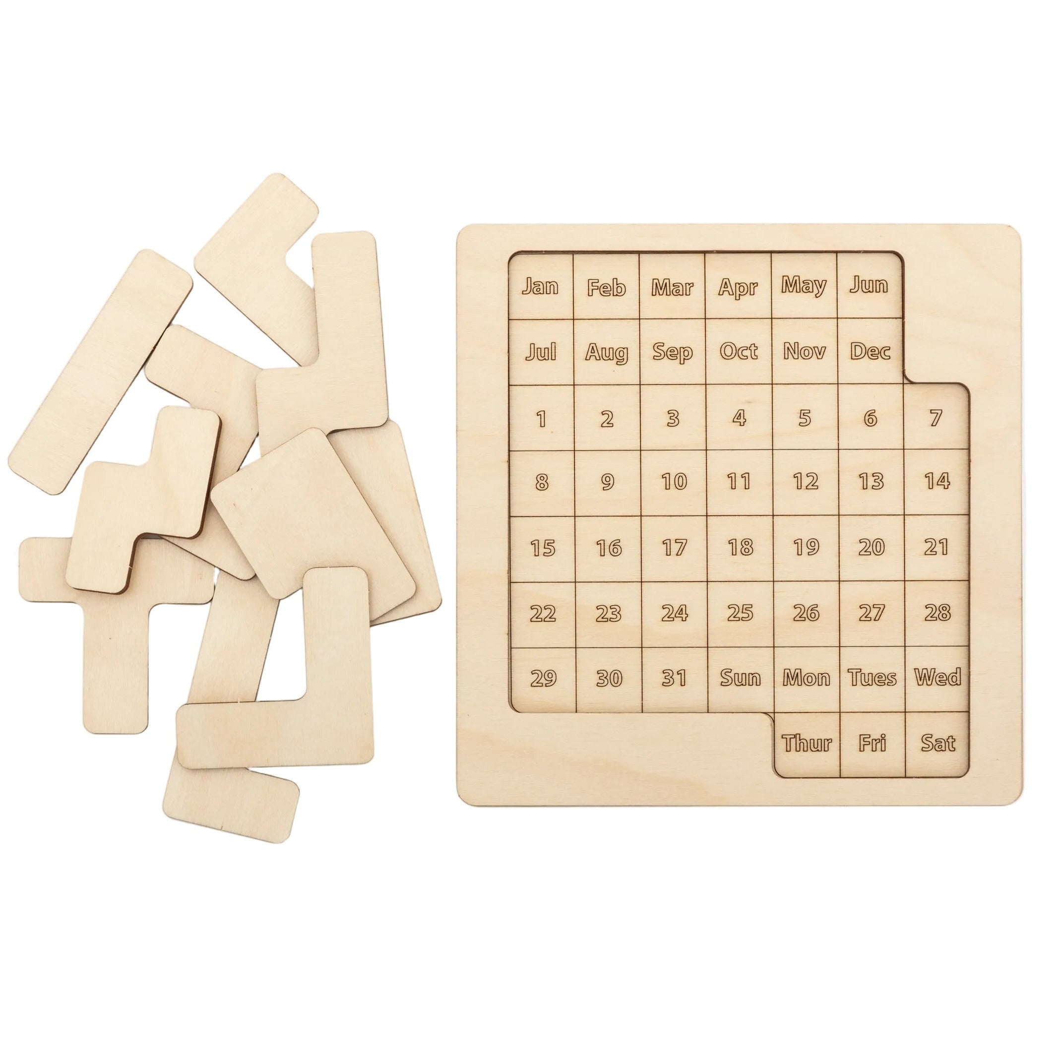 Handmade birch wood daily calendar puzzle board shown with its precision laser-cut pieces set to the side."