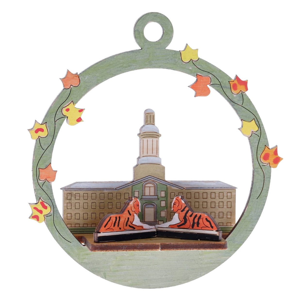Decorative  colored princeton ornament with nassau hall and 2 tigers on a white background