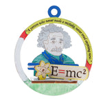 Decorative ornament with a portrait of Einstein and the equation E=mc² on a white background.