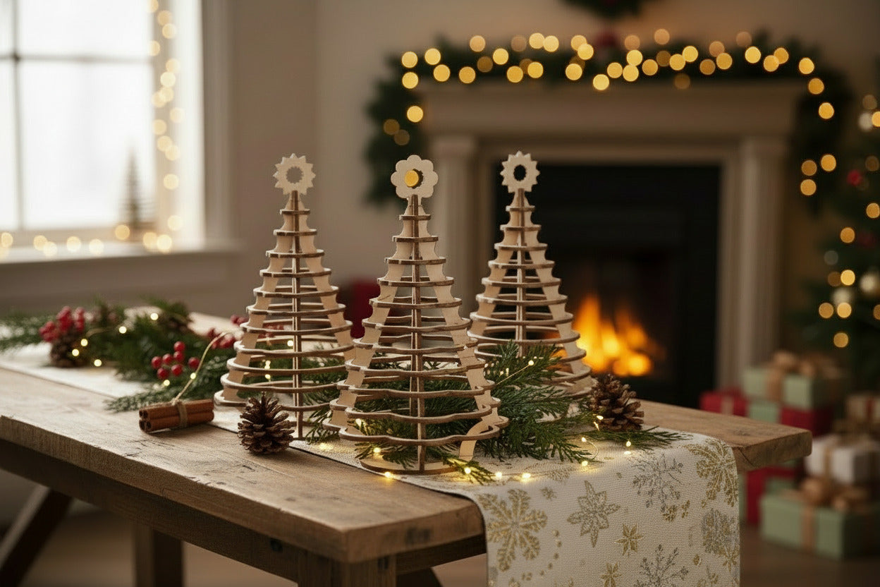 Collection of 3 hooped trees with decorations