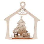 Wooden laser cut Christmas ornament with a tree, house, and cat on a white background