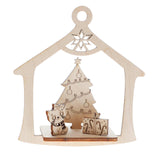 Wooden laser cut Christmas ornament with a tree, house, and cat on a white background