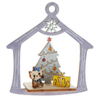 Colored  ornament depicting a cat with xmas tree and present on white background