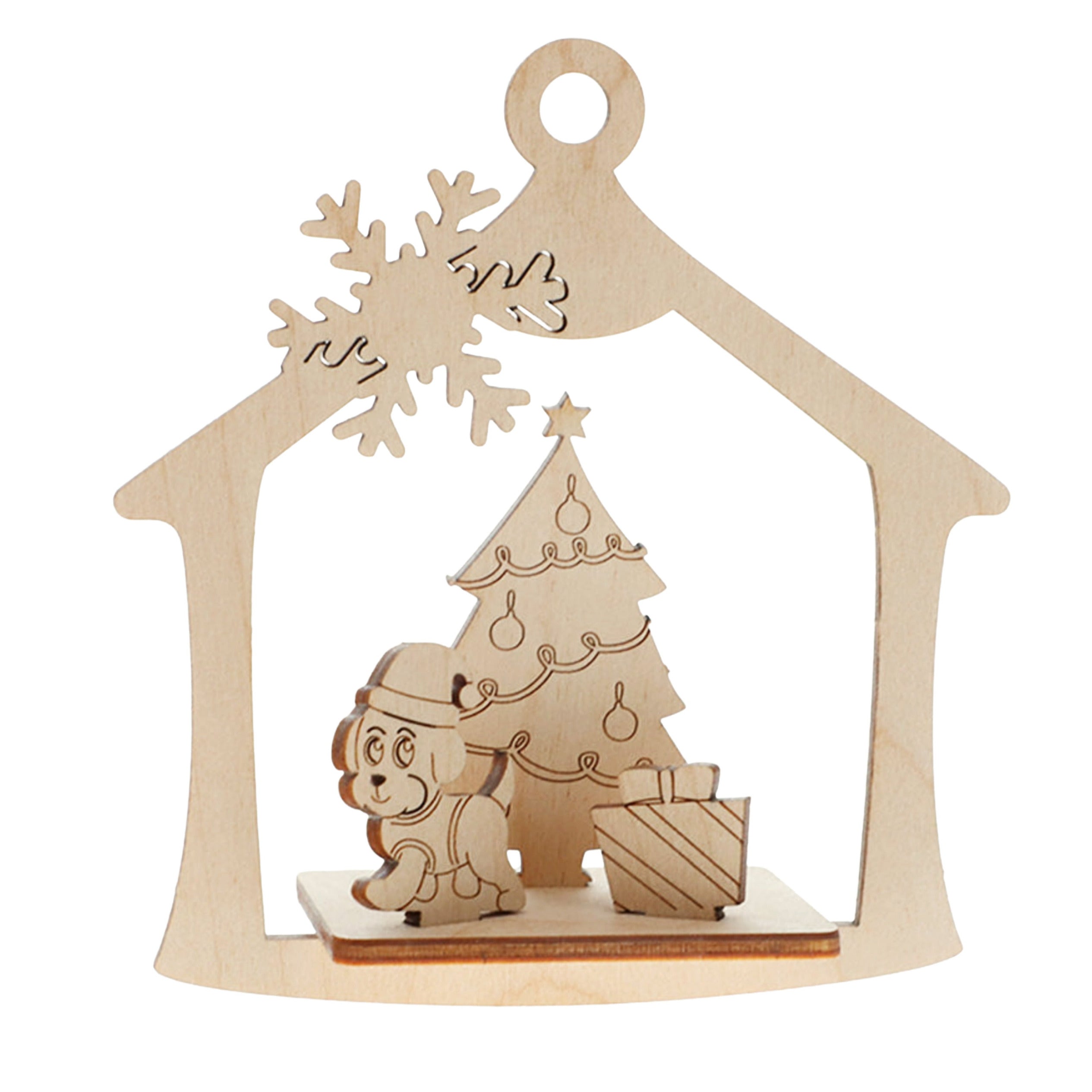 Wooden laser cut ornament with a dog, tree and presents on a white background