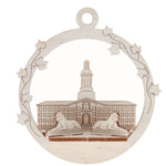 Decorative laser cut ornament featuring Princeton university's Nassau Hall, 2 tigers and a white background