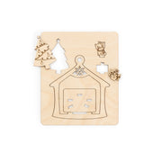 Laser cut tree, cat and present ornament on a square wooden board - punchouts showing