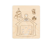 Wooden platform ornament  with cut-out presents, cat and tree on a white background