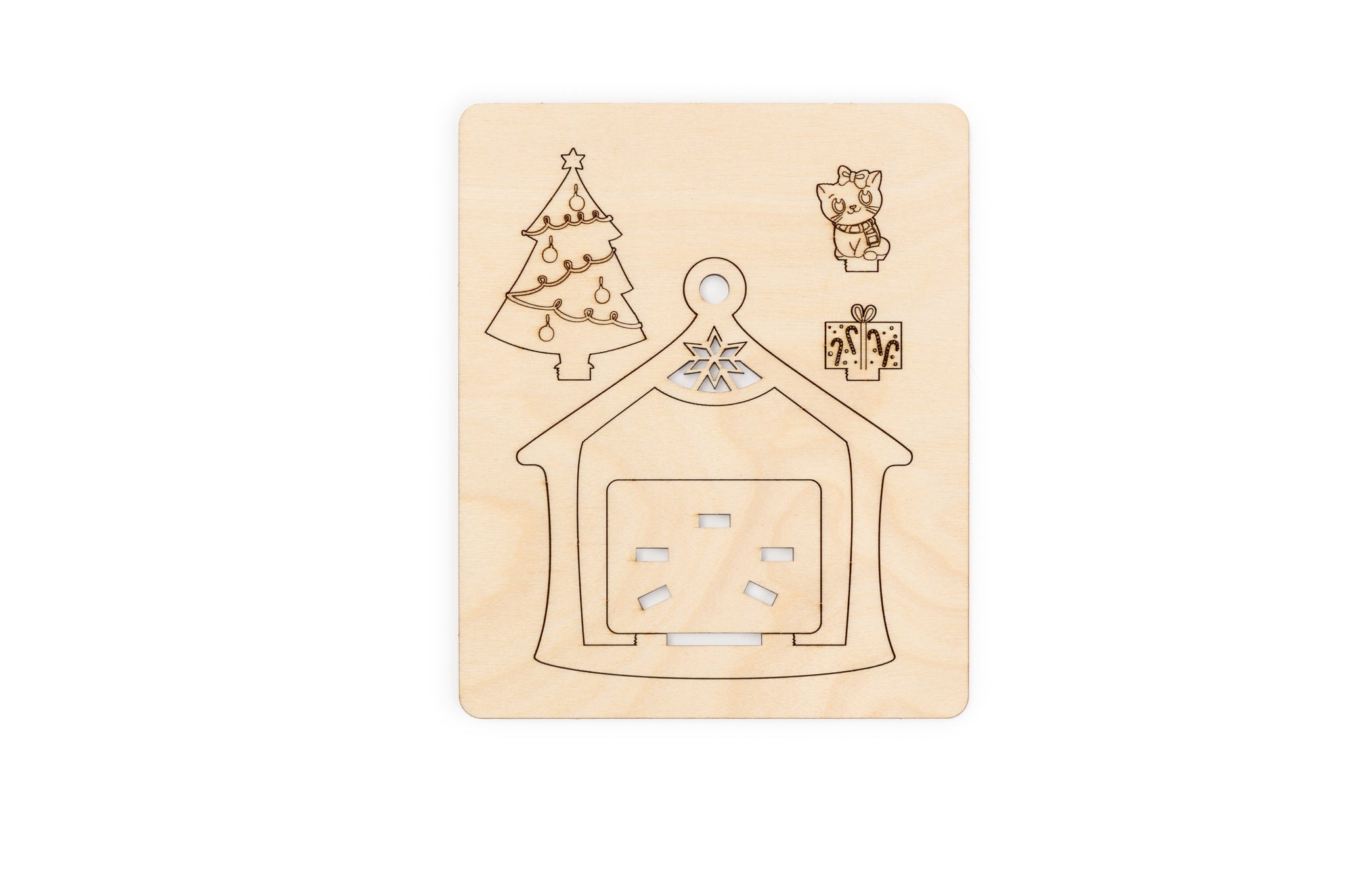Wooden platform ornament  with cut-out presents, cat and tree on a white background