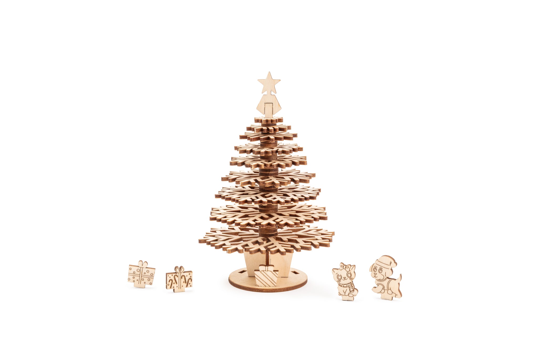 Laser cut Wooden Christmas tree and decorations on a white background
