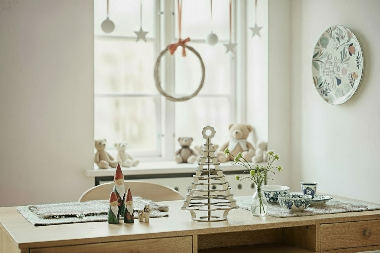 Decorative setup on a table with Christmas-themed items in a room with a window and wall art.