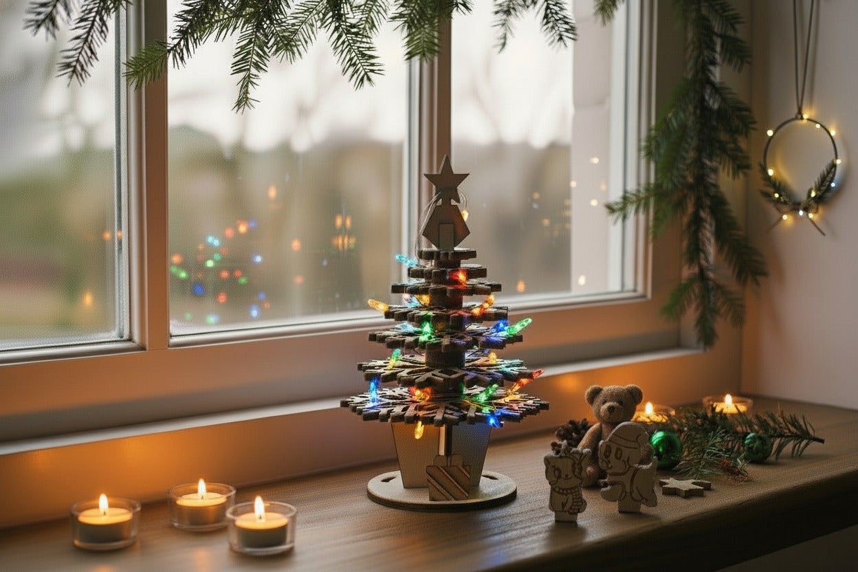 Wooden Christmas tree with decorative figures and lights on a windowframe