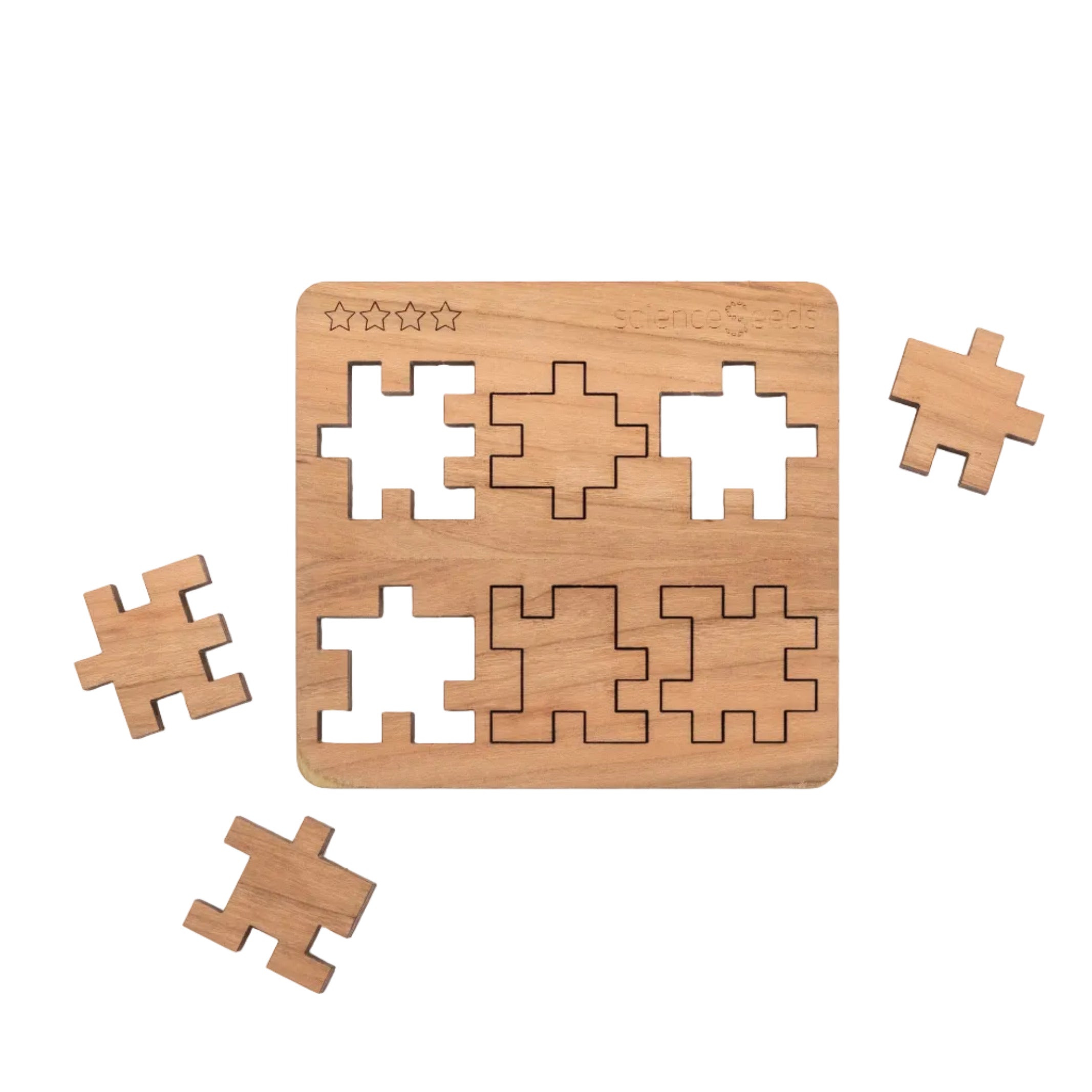 CubeMaster Expert 3D wooden puzzle board showing six laser cut components three surrounding the board