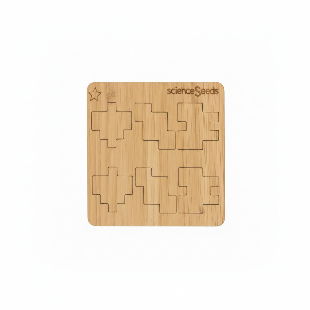 CubeMaster Rookie 3D wooden puzzle showing wooden board with all the pieces