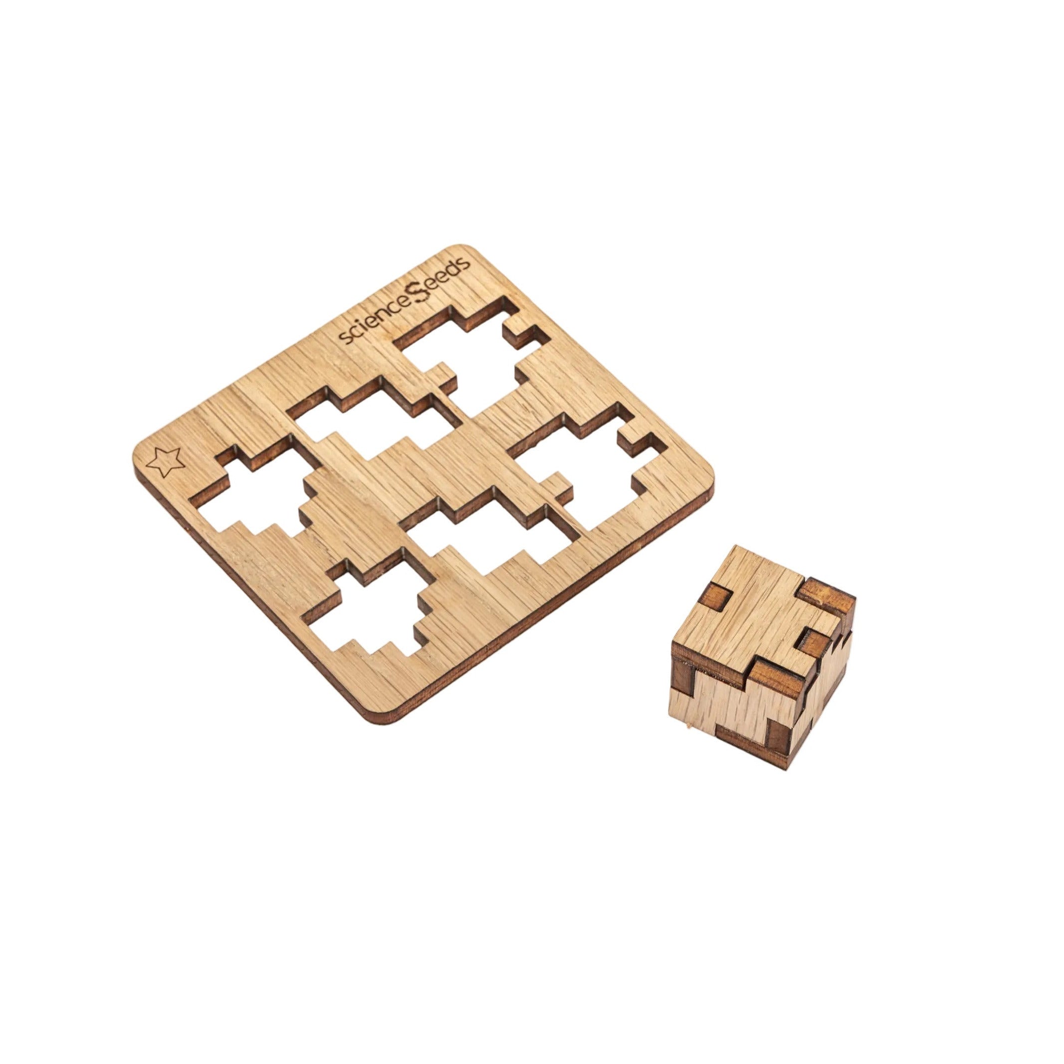 CubeMaster Rookie 3D wooden puzzle showing a fully assembled laser-cut cube next to it wooden base board.