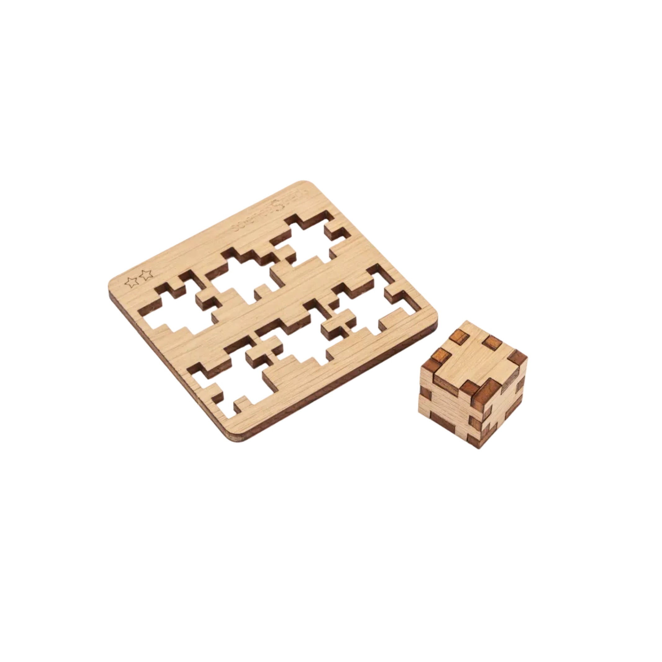 Assembled  CubeMaster Challenger 3D cube puzzle with board in background