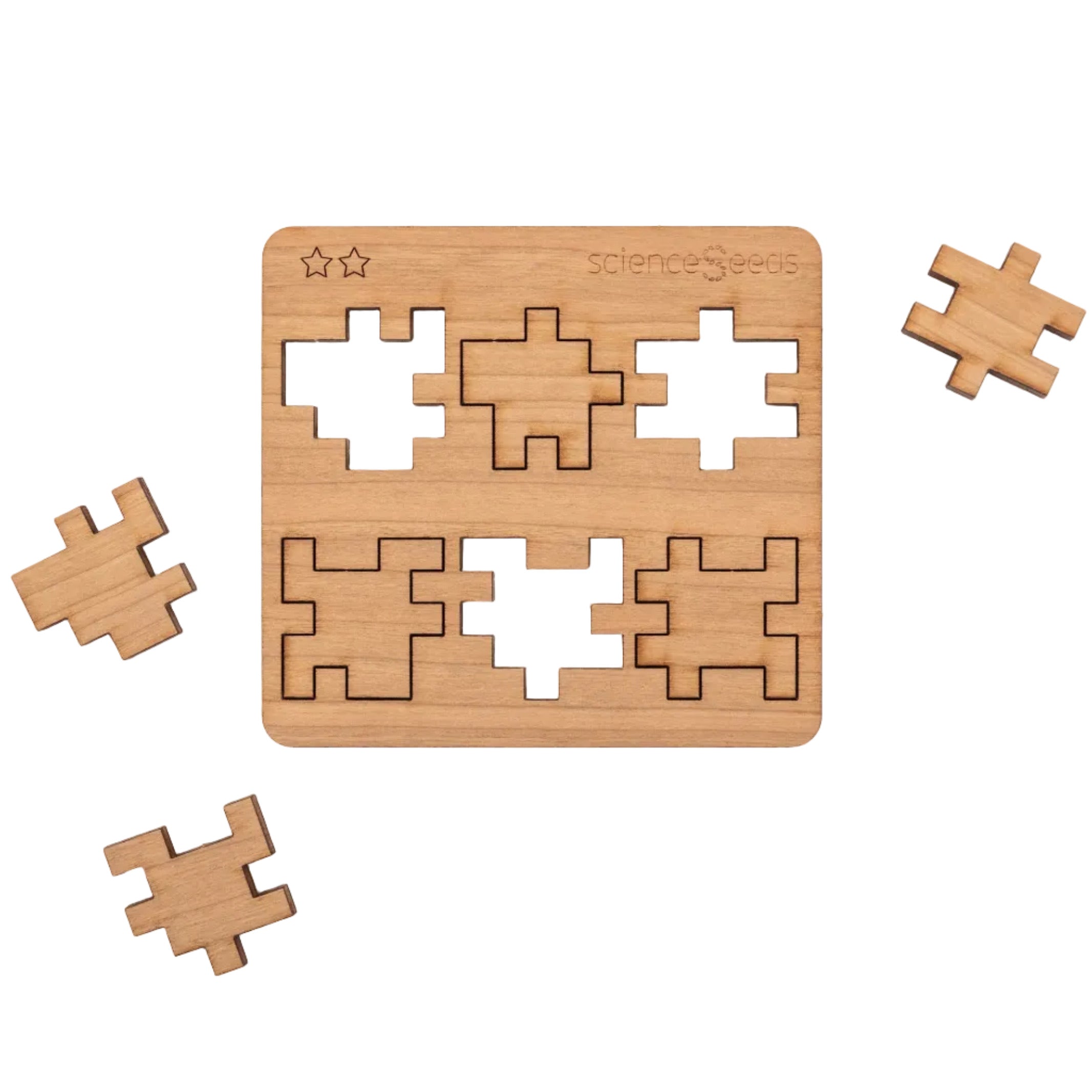 CubeMaster Challenger 3D wooden puzzle with three of  its laser-cut component arranged around the central  board
