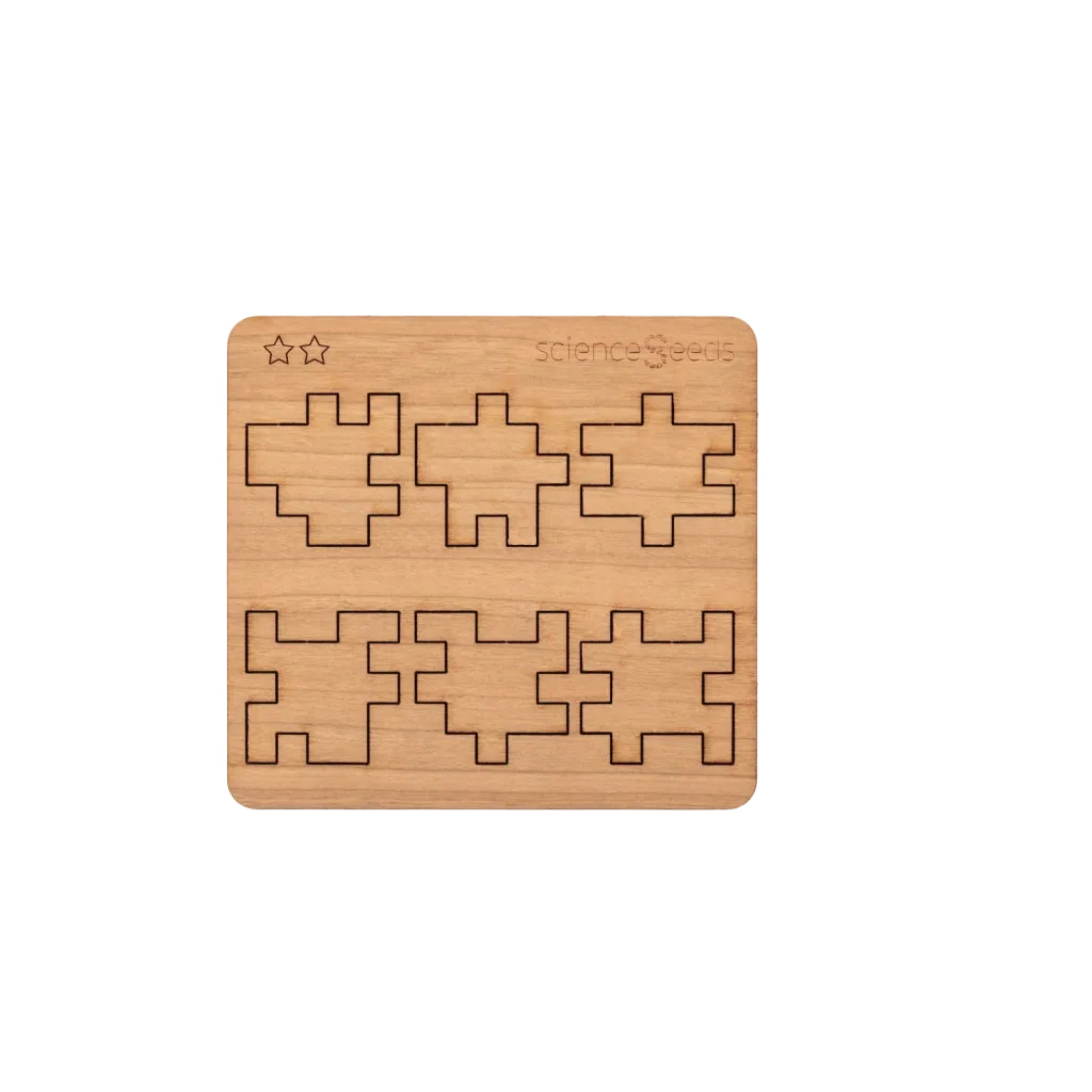 Laser-cut wooden pieces and components of the CubeMaster Challenger 3D cube puzzle laid out flat