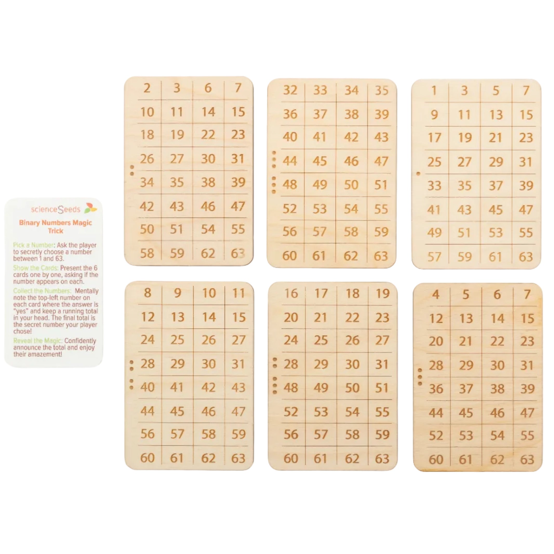 A set of six binary magic cards featuring grids of numbers laid out next to a printed instruction sheet for the mathematical number-guessing game.