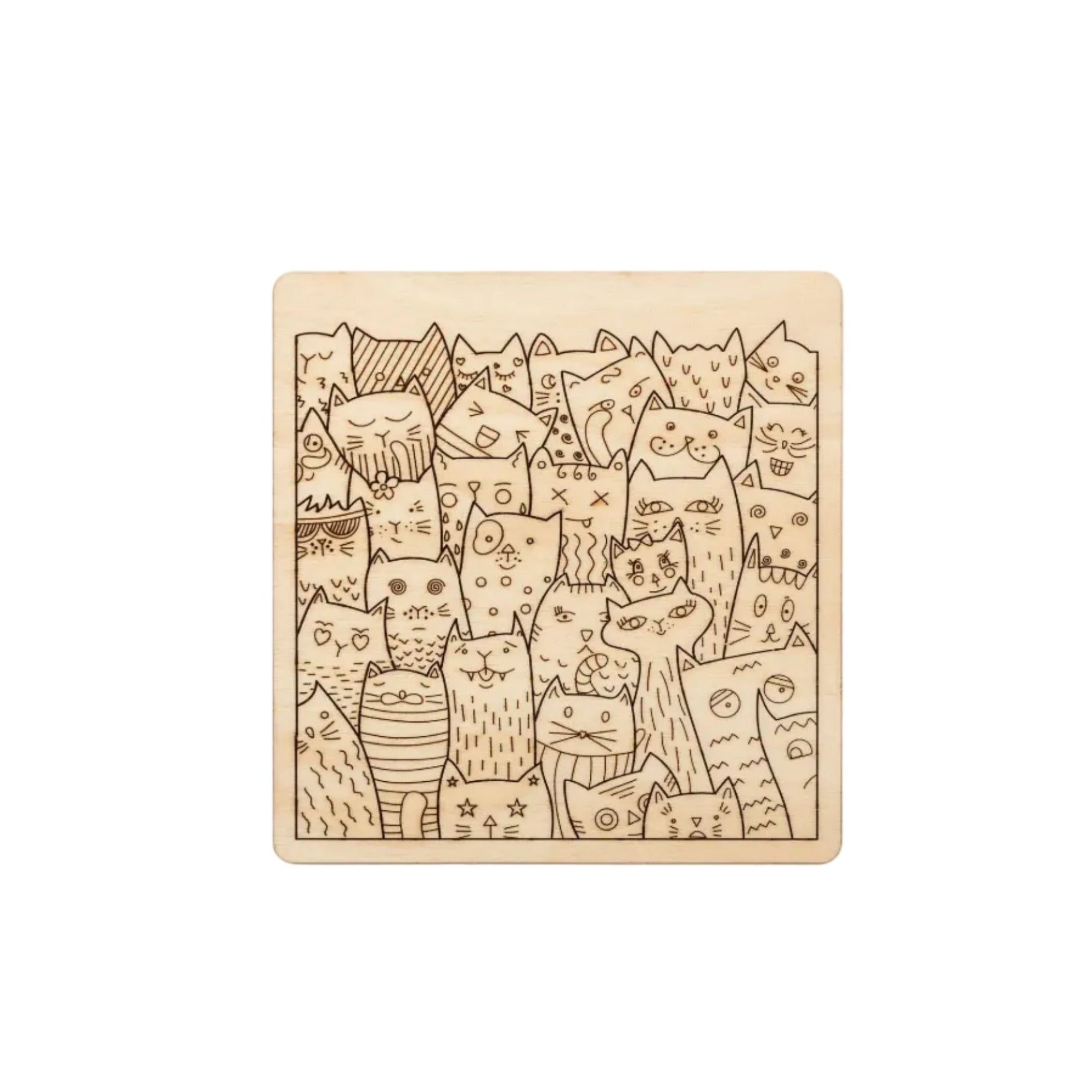 A fully solved "For the Purrfect Fit" jigsaw puzzle showcasing a beautiful collage of laser cut cats. Face details all scored