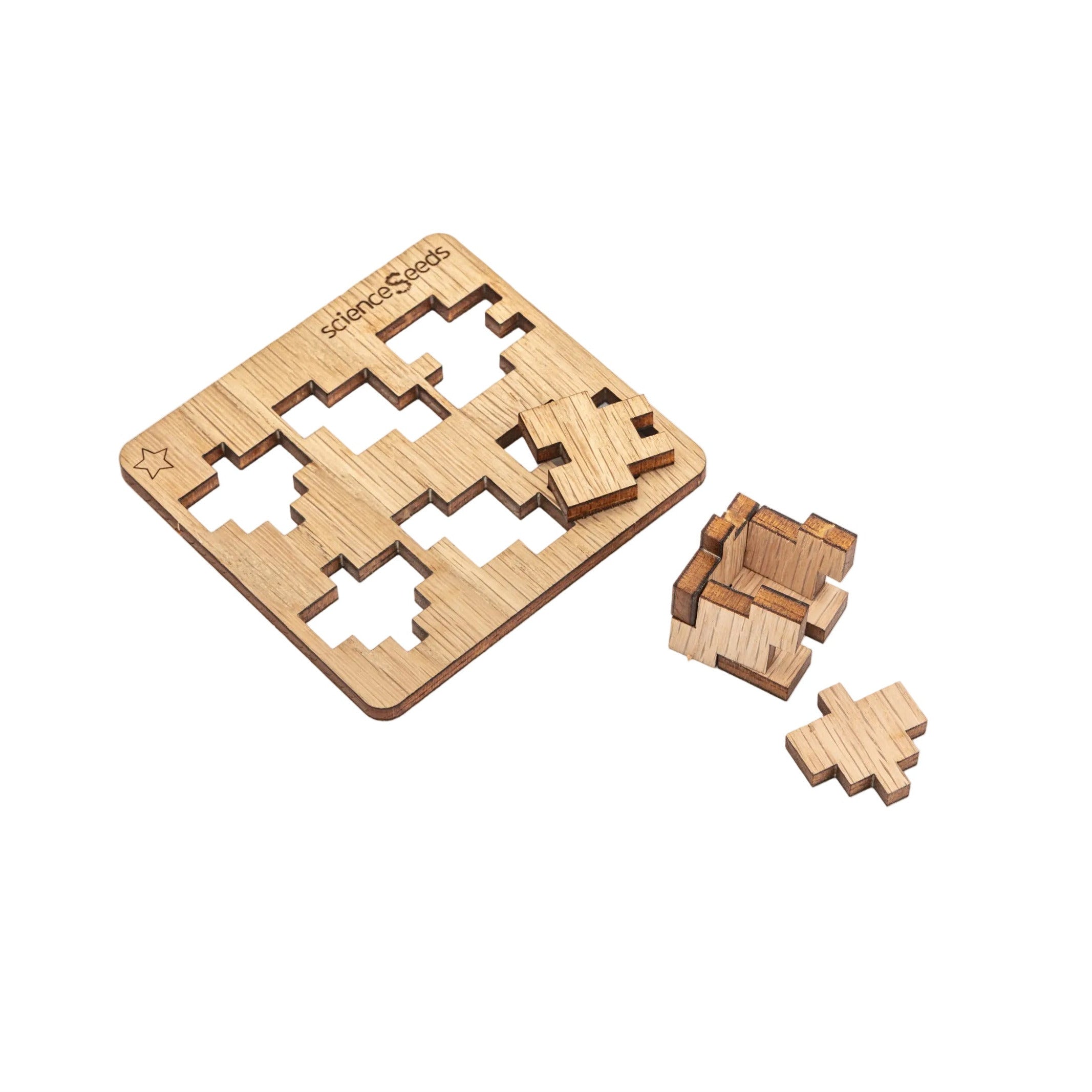 CubeMaster Rookie 3D wooden puzzle showing a partially assembled laser-cut cube next to its wooden base board.