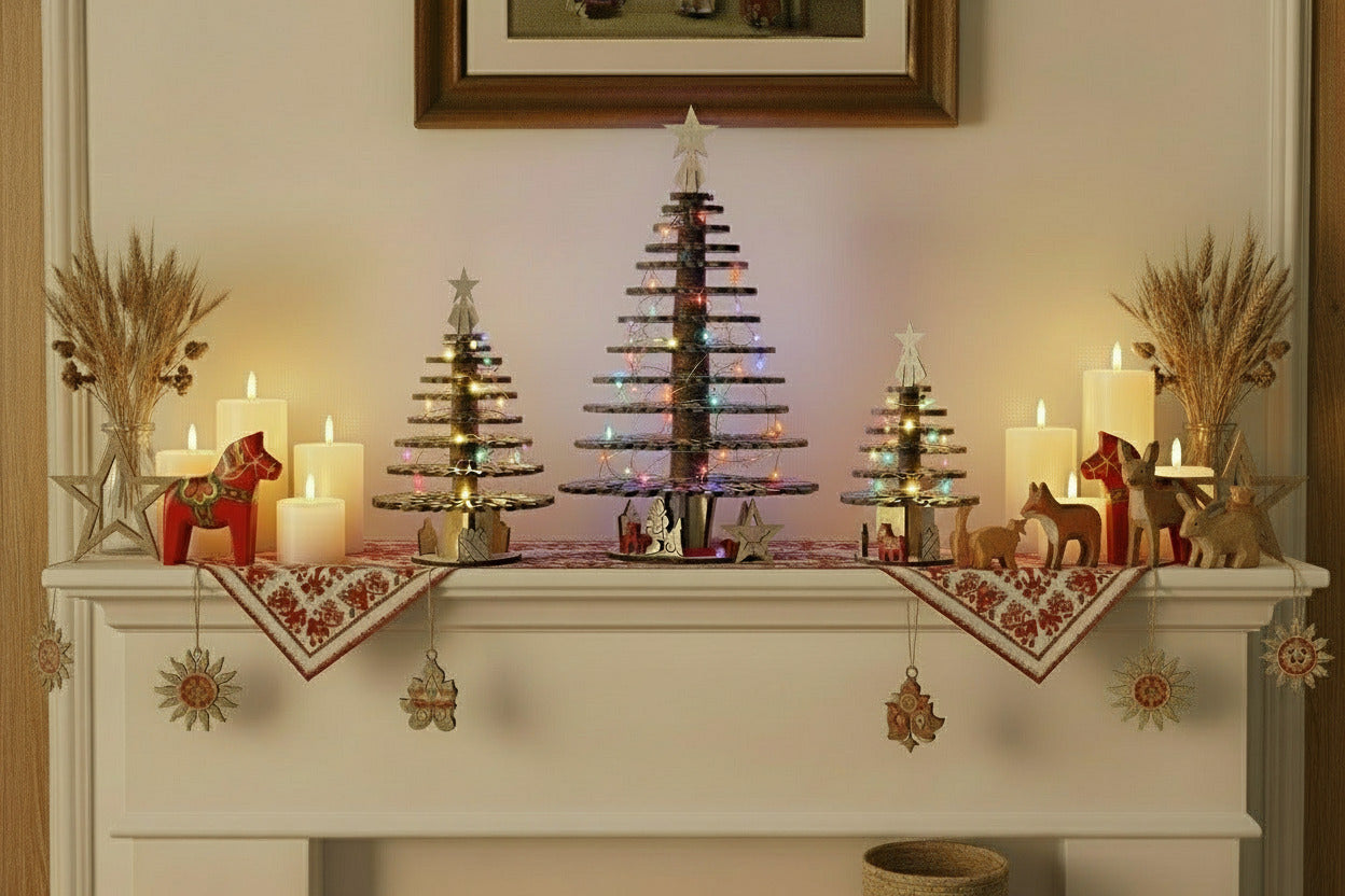 Three decorative Christmas trees with snowflake themed sections made of laser cut wooden pieces sitting on a mantlepiece