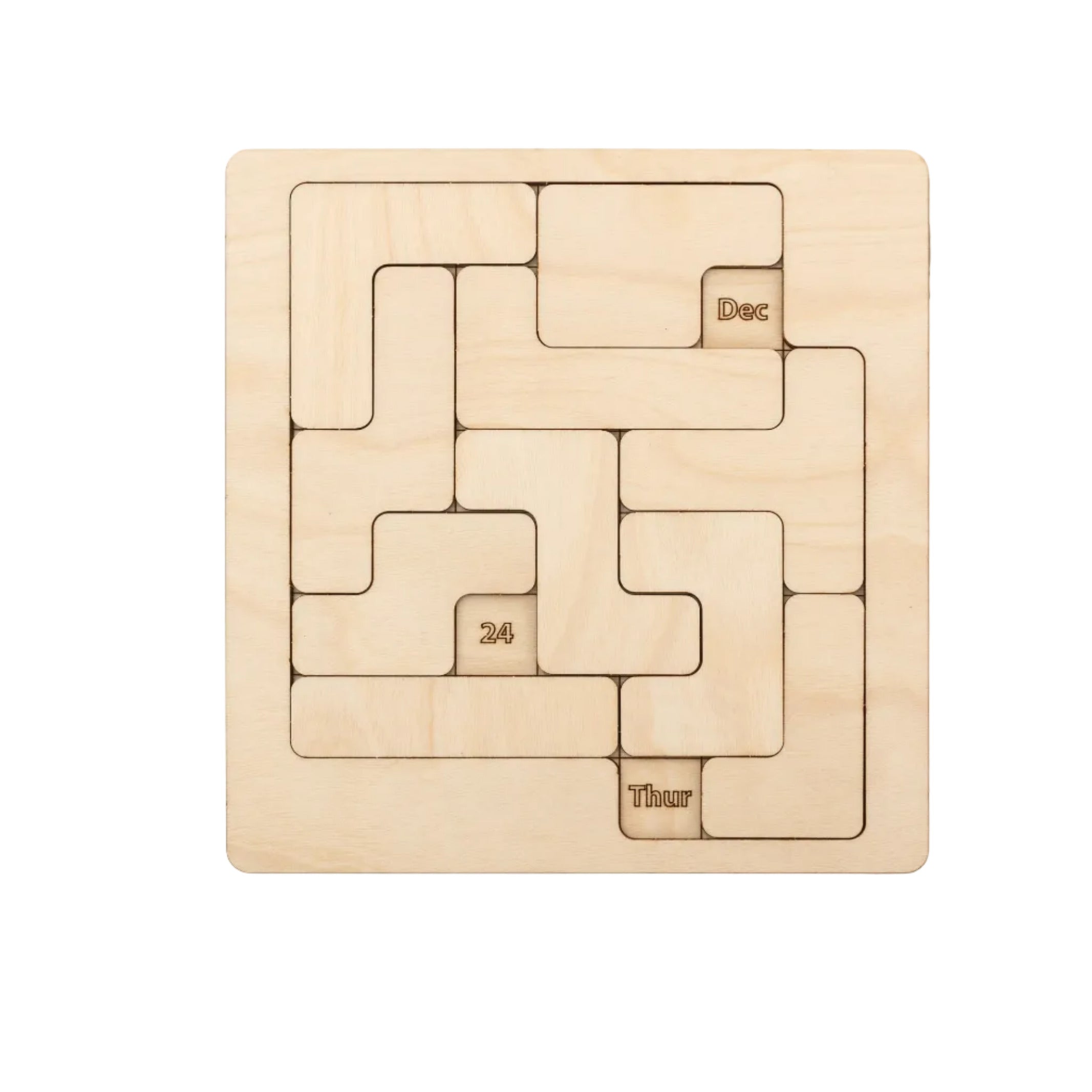 A solved 365-in-one daily calendar challenge showing the birch wood pieces arranged to reveal a specific date on the board."
