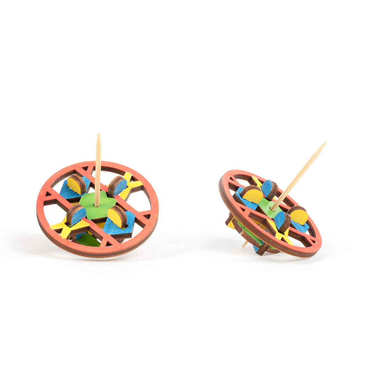 triangle wooden spinning top shown front and tilted on a white background