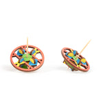 triangle wooden spinning top shown front and tilted on a white background