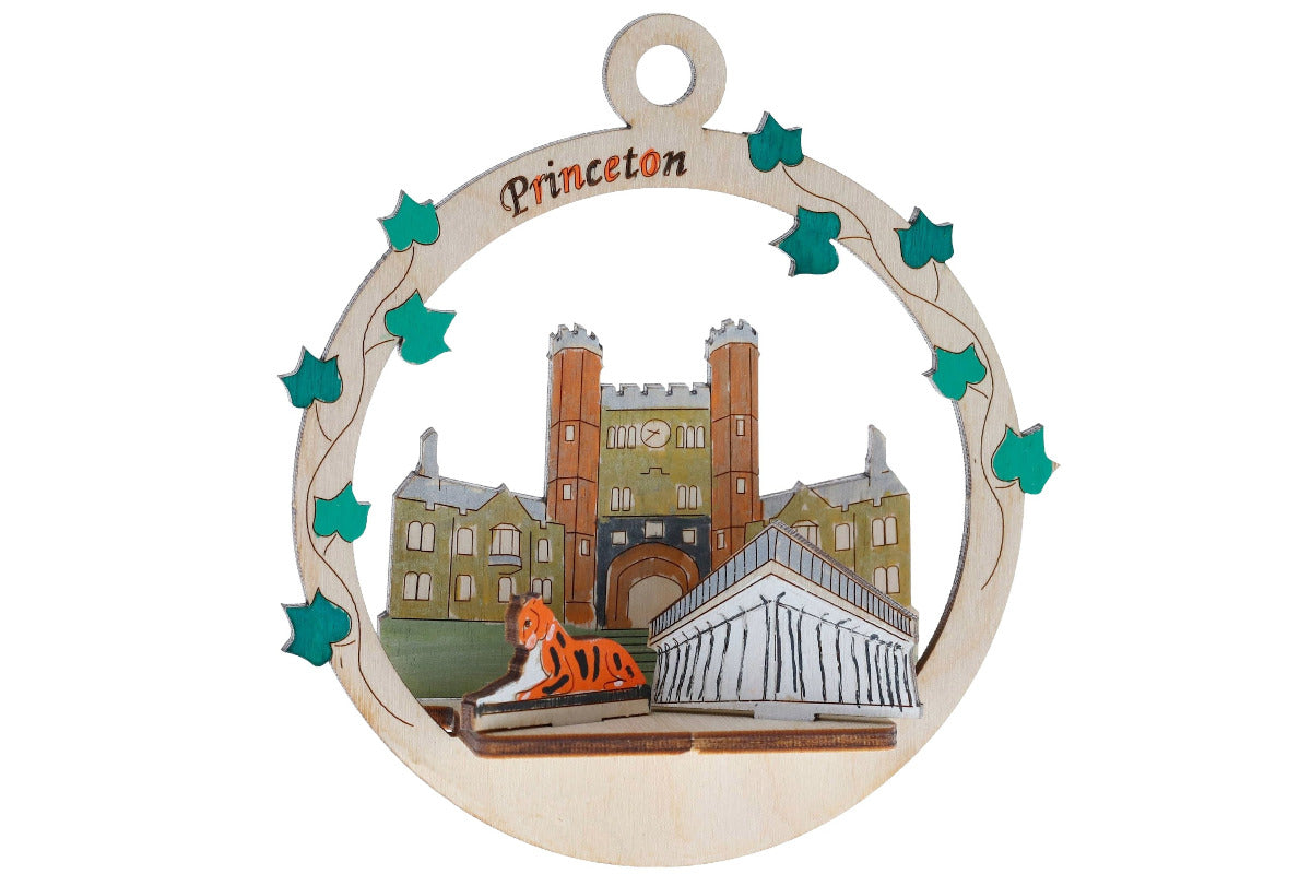 Decorative ornament with 'Princeton' , Blair Hall, Wilson Hall, a tiger on a bench design.